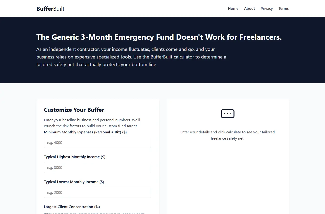 Screenshot of BufferBuilt: Freelance Savings Goal Calculator interface showing the project page in use